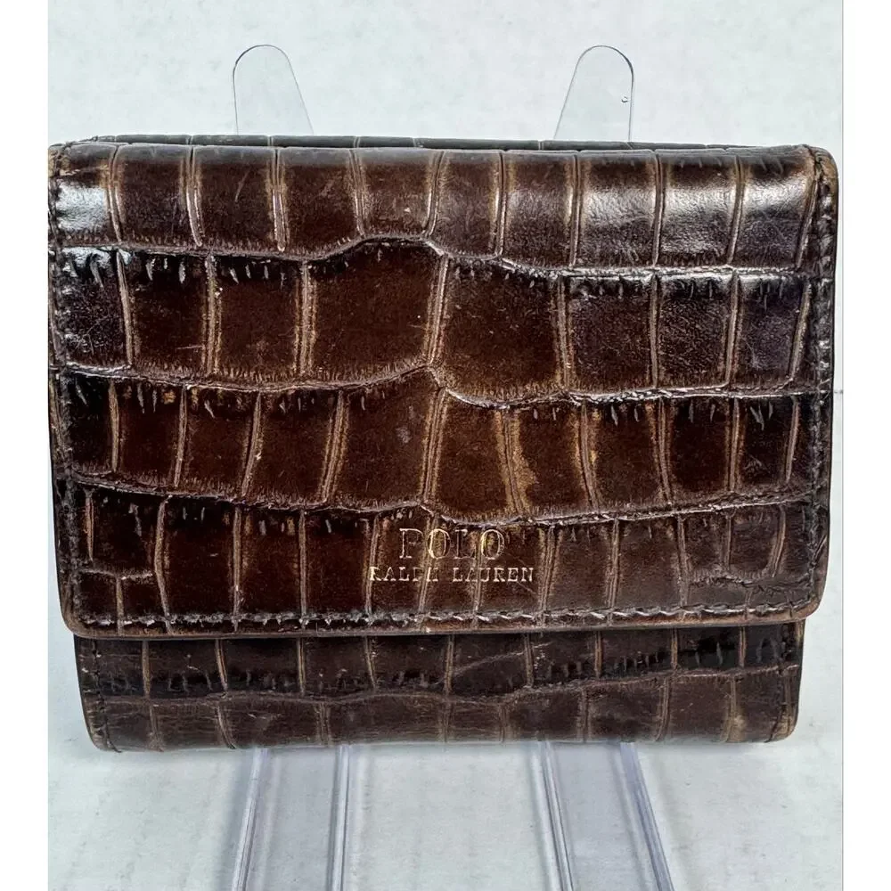 Polo Ralph Lauren Brown Croc Embossed Leather Trifold Wallet w/ Box